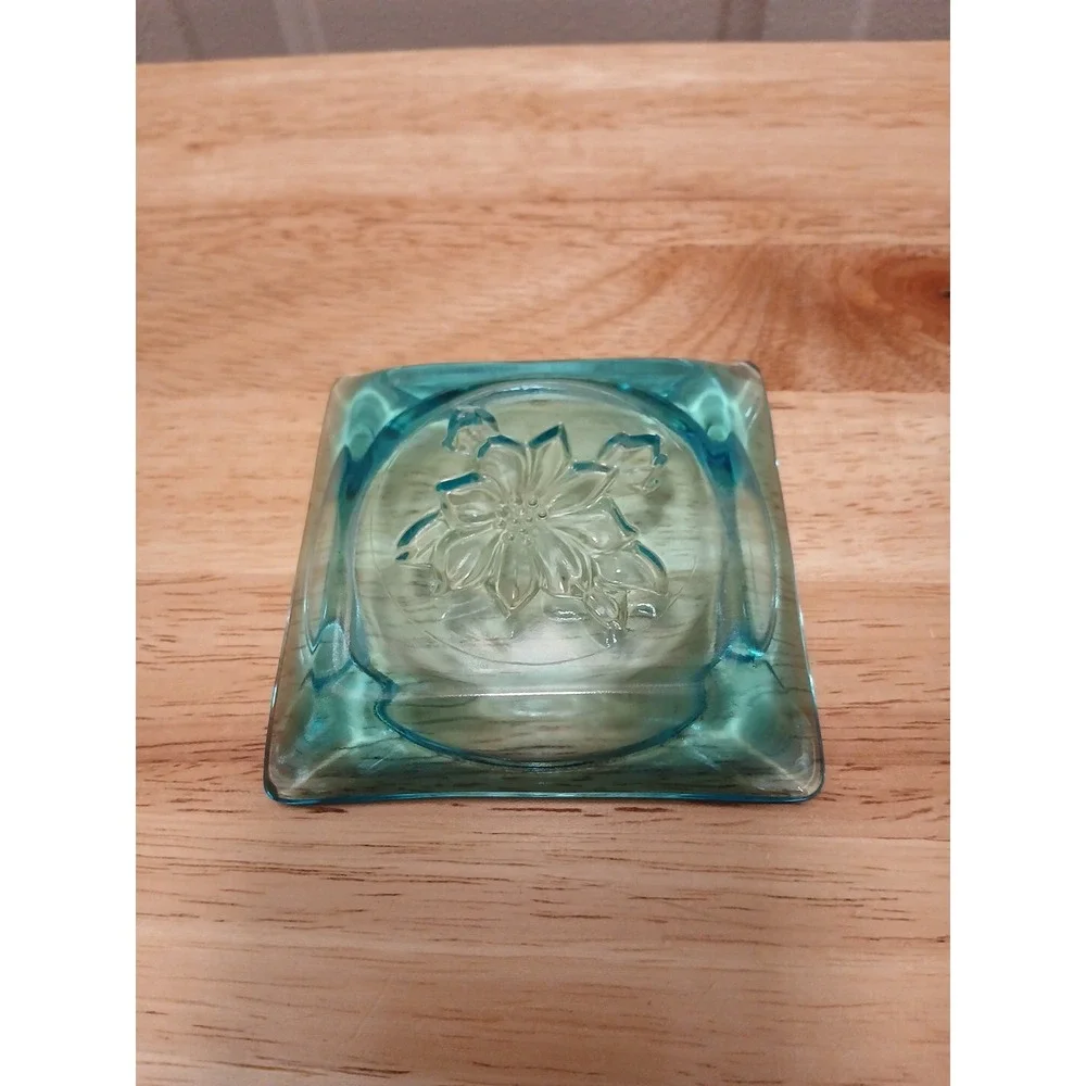 Vintage Hazel Atlas Glass Cobalt Blue Blossom 3-1/2" Square Ashtray MCM Clear - Picture 5 of 6
